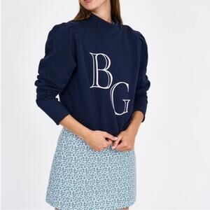 Byrdie Golf Highlands Varsity Cotton Puff Sleeve Pullover Sweatshirt Navy Blue L